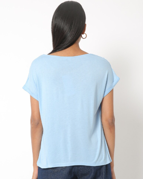 Fig Women's Viscose Printed Round Neck sky blue T-shirt