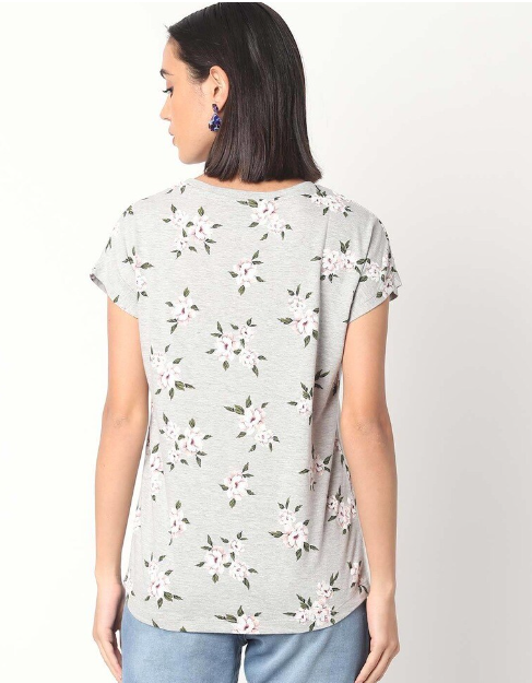 DNMX Women's Cotton Cotton Floral Lgt Gray Crew-Neck T-shirt