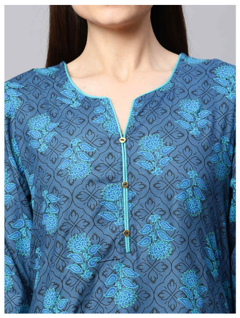 DHUNI Women's Rayon Blue Full print Straight Kurta