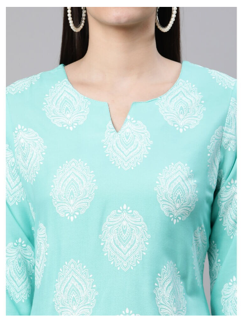 Ishitva Women's Rayon Floral Printed Straight Skyblue white Kurta