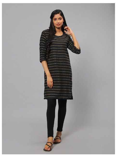 Ishitva Women's Blended Cotton Yarn Dyed black straight Kurta