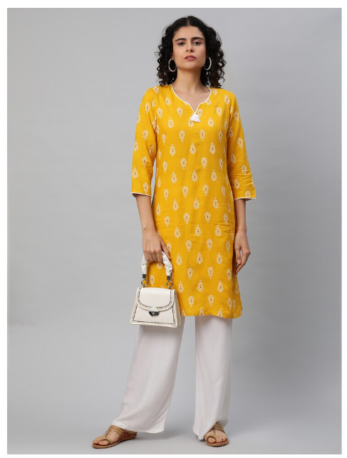 DHUNI Women's Rayon Straight Kurta yellow white print