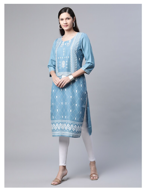 Ishitva Women's Blended Printed Straight Blue Kurta