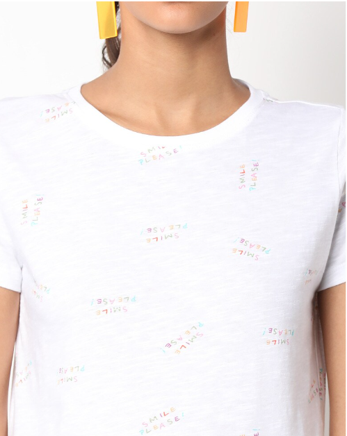RIO Women's Cotton Typographic Crew-Neck White Crew-Neck T-shirt