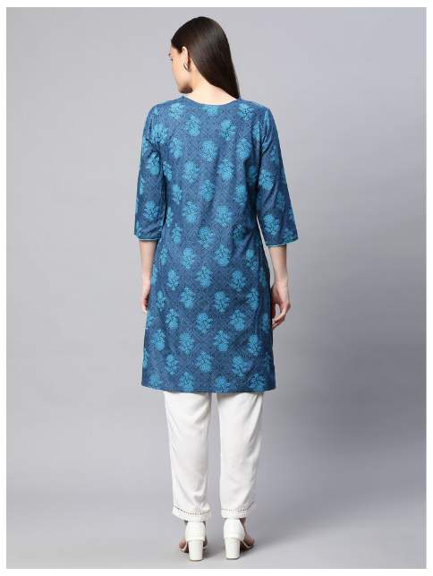 DHUNI Women's Rayon Blue Full print Straight Kurta