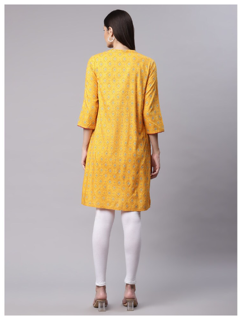 DHUNI Women's Rayon Full Print Yellow Straight Kurta
