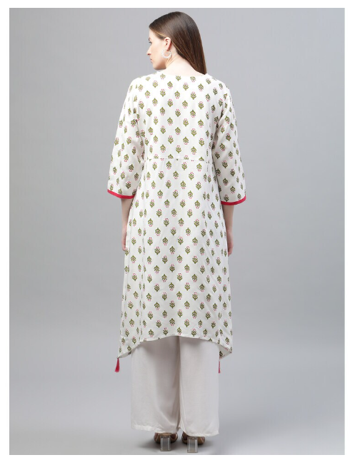 DHUNI Women's Rayon White Green Print Asymmetric Kurta