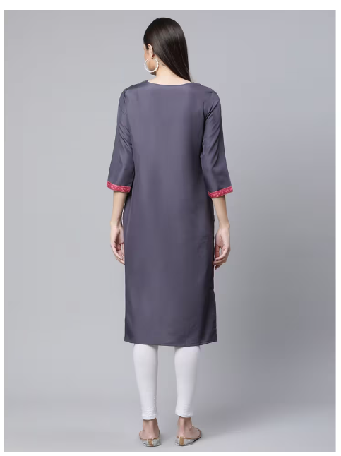 Ishitva Women's Blended Printed Straight Gray Red Kurta