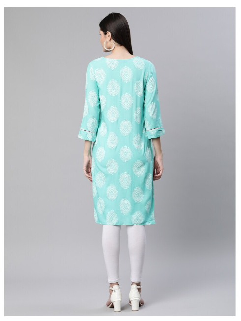 Ishitva Women's Rayon Floral Printed Straight Skyblue white Kurta