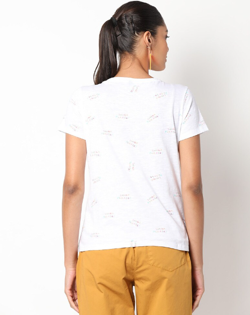 RIO Women's Cotton Typographic Crew-Neck White Crew-Neck T-shirt