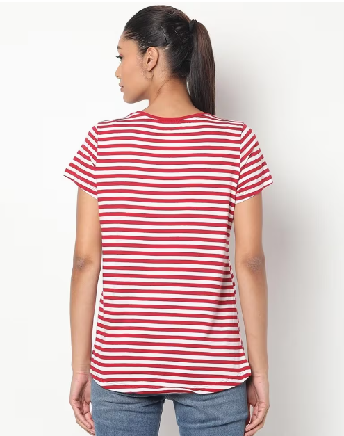DNMX Women's Cotton Stripes Crew-Neck Red and White T-shirt
