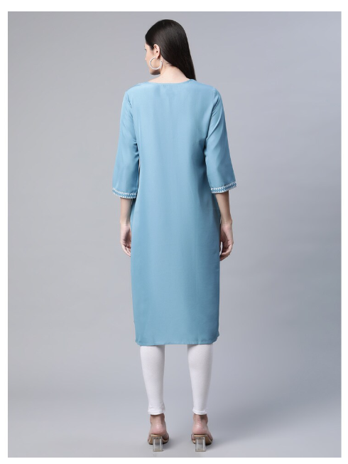 Ishitva Women's Blended Printed Straight Blue Kurta