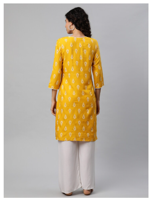 DHUNI Women's Rayon Straight Kurta yellow white print
