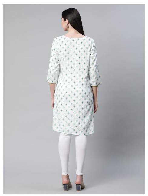 DHUNI Women's Rayon White green print Straight Kurta