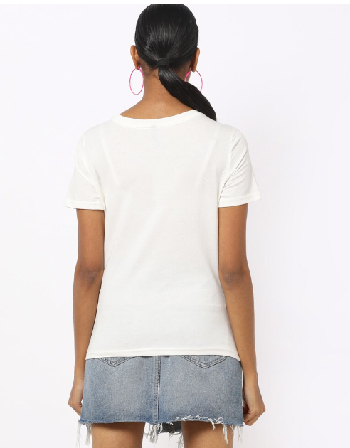RIO Women's Cotton Printed Regular Fit Round Neck Cream T- Shirt