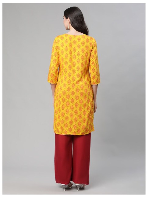 DHUNI Women's Rayon Yellow Orange print Straight Kurta