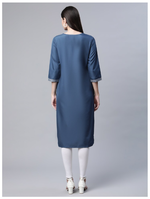 Ishitva Women's Blended Printed Straight Dark blue Kurta