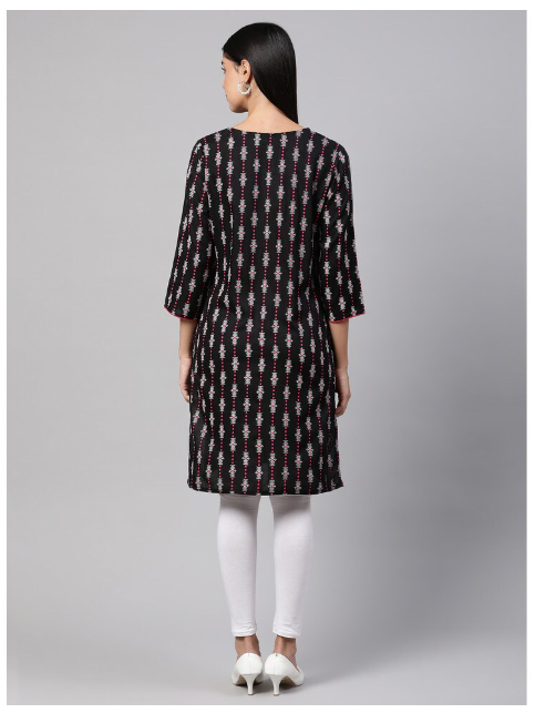 DHUNI Women's Rayon Black Print Straight Kurta