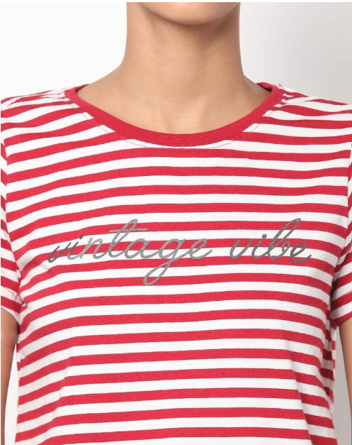 DNMX Women's Cotton Stripes Crew-Neck Red and White T-shirt