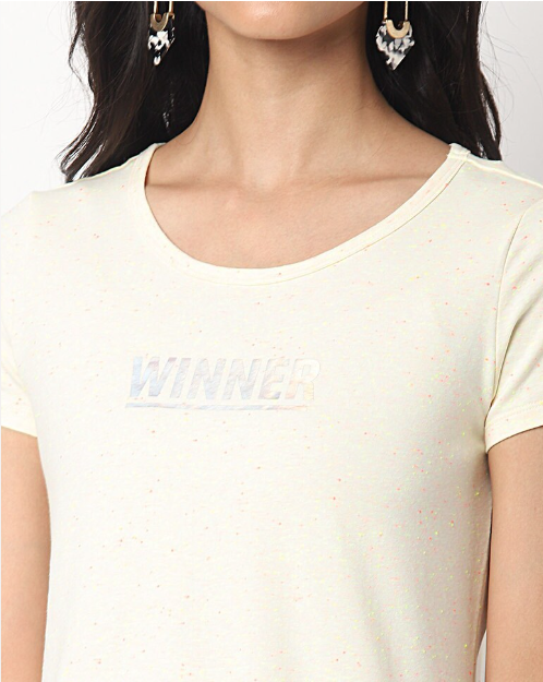 TEAMSPIRIT Women's Cotton Printed Regular Fit Round Neck Winner Lgt Yellow T- Shirt