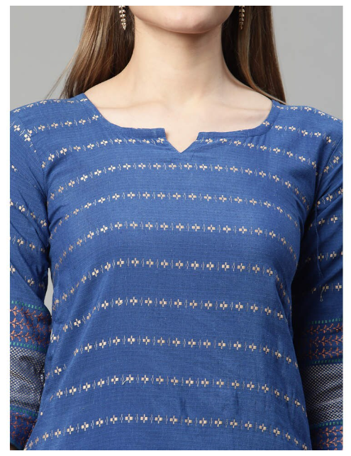 Ishitva Women's Dobby Printed Straight Line Blue Kurta