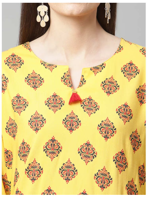 DHUNI Women's Rayon Printed Straight Yellow Kurta