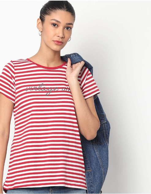 DNMX Women's Cotton Stripes Crew-Neck Red and White T-shirt