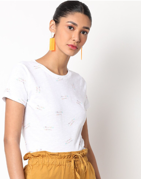 RIO Women's Cotton Typographic Crew-Neck White Crew-Neck T-shirt
