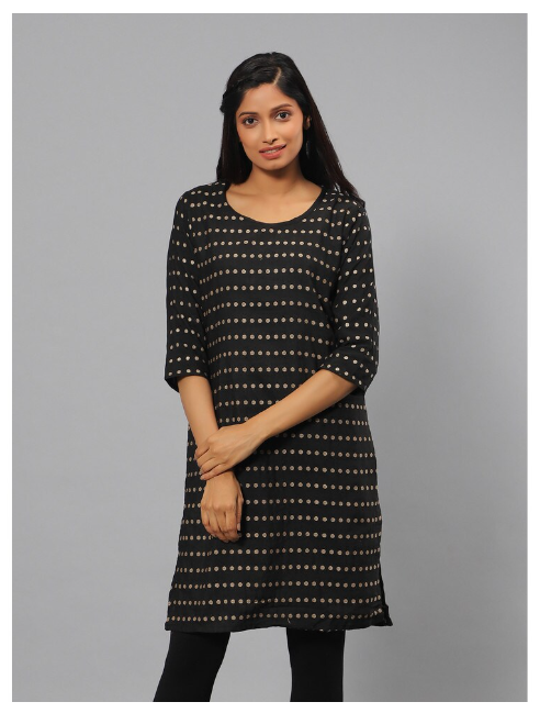Ishitva Women's Blended Cotton Yarn Dyed black straight Kurta