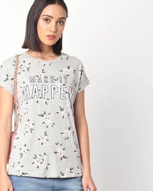 DNMX Women's Cotton Cotton Floral Lgt Gray Crew-Neck T-shirt