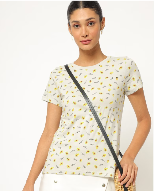 RIO Women's Cotton Printed Crew-Neck Lgt Yellow T-shirt