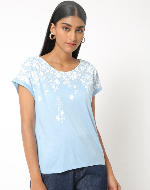 Fig Women's Viscose Printed Round Neck sky blue T-shirt
