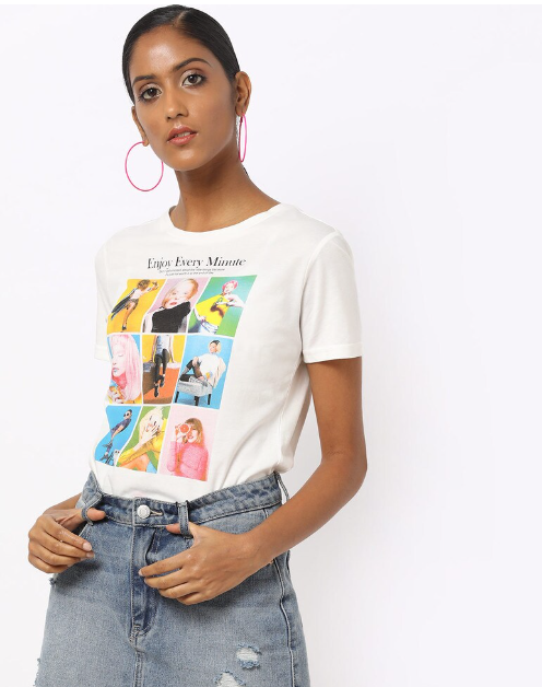 RIO Women's Cotton Printed Regular Fit Round Neck Cream T- Shirt