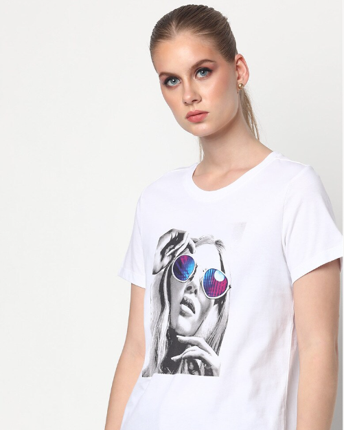 DNMX Women's Cotton Printed Round Neck white T-shirt