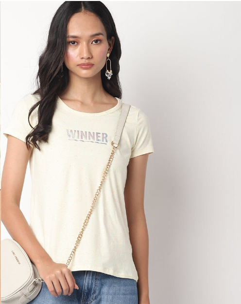 TEAMSPIRIT Women's Cotton Printed Regular Fit Round Neck Winner Lgt Yellow T- Shirt