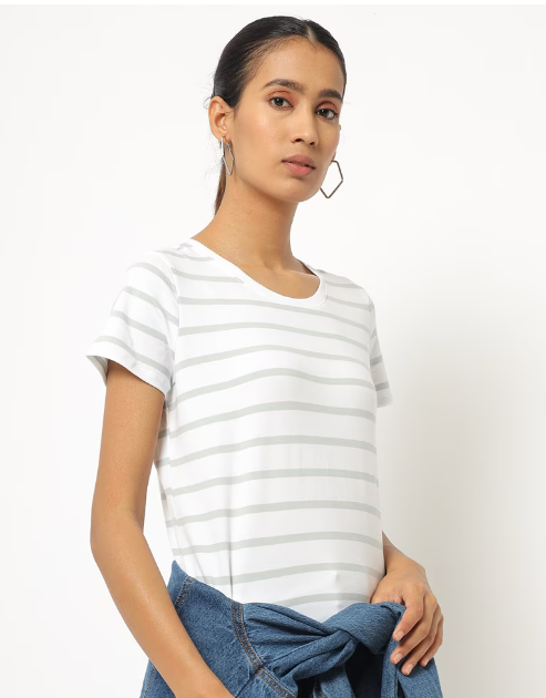 TEAMSPIRIT Women's Cotton Stripes Crew-Neck gray lines T-shirt
