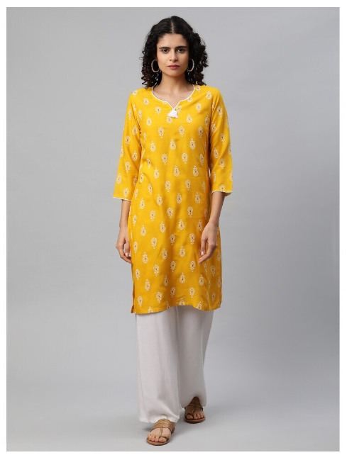 DHUNI Women's Rayon Straight Kurta yellow white print