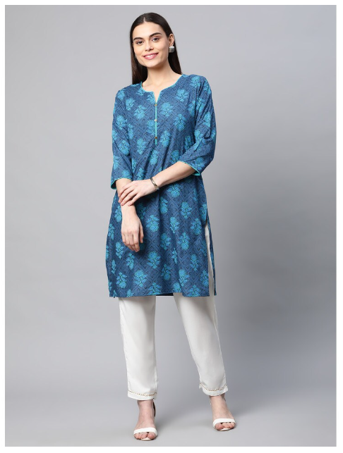 DHUNI Women's Rayon Blue Full print Straight Kurta