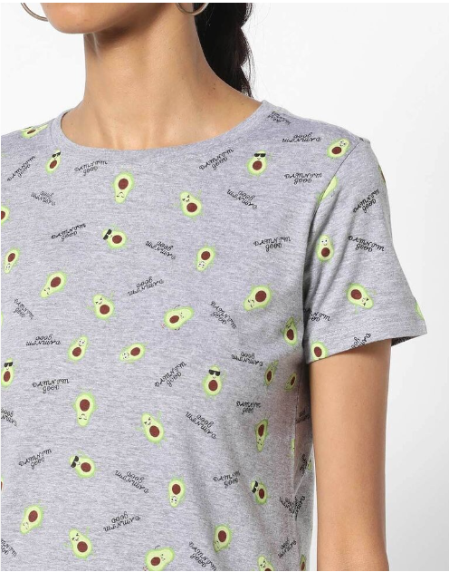 RIO Women's Polyester Printed Regular Fit Round Neck Lgt Gray T- Shirt