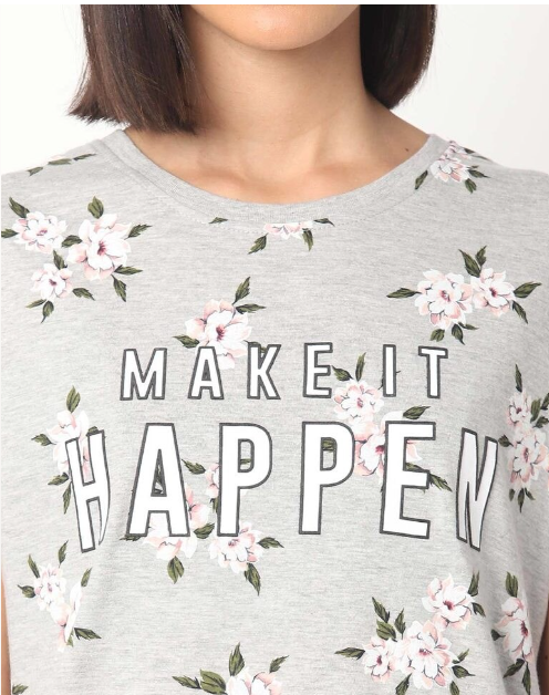 DNMX Women's Cotton Cotton Floral Lgt Gray Crew-Neck T-shirt