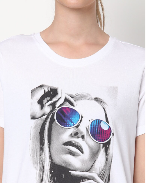 DNMX Women's Cotton Printed Round Neck white T-shirt