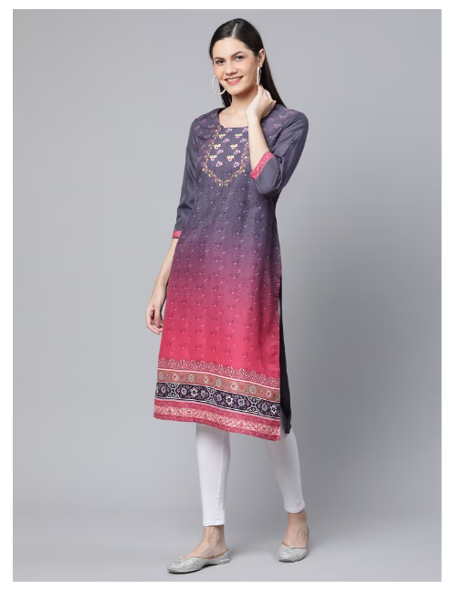 Ishitva Women's Blended Printed Straight Gray Red Kurta