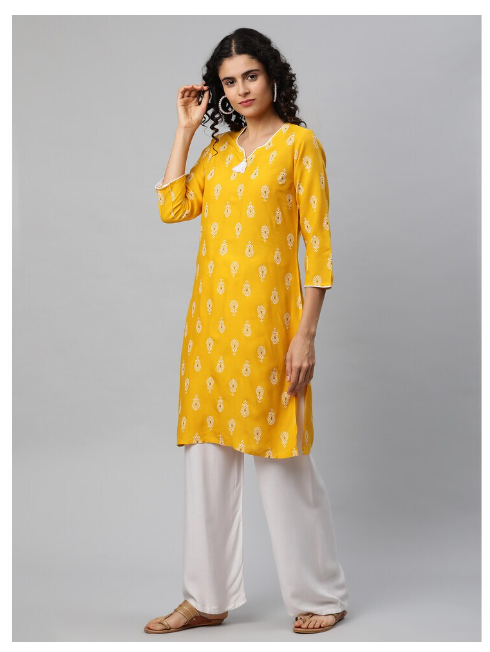 DHUNI Women's Rayon Straight Kurta yellow white print