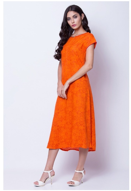RANGRITI Women's Viscose Printed Asymmetric Flared Orange Kurta