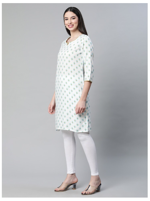 DHUNI Women's Rayon White green print Straight Kurta