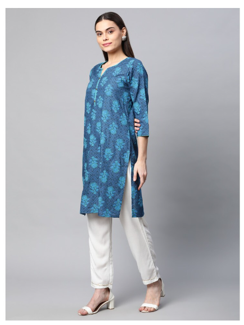DHUNI Women's Rayon Blue Full print Straight Kurta